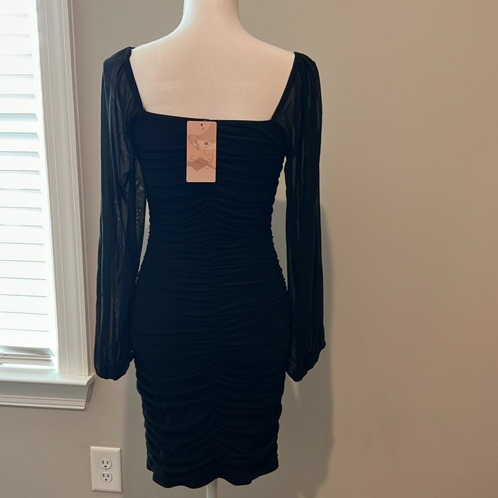 NEW Square Neck Long Sleeve Mini Ruched Bodycon Dress Stretch Cocktail Small S - Picture 6 of 16